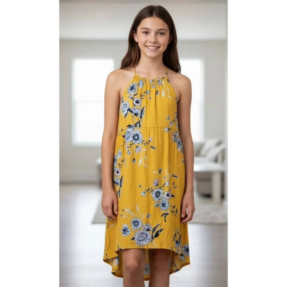 Old Navy Hi Low Tunnel Neck Floral dress Golden Yellow Size L (10-12)